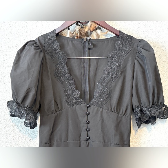 Black Lace Trim Ruffle Mini Dress Size Medium V-Neck Short Sleeve Party Dress - Picture 5 of 13